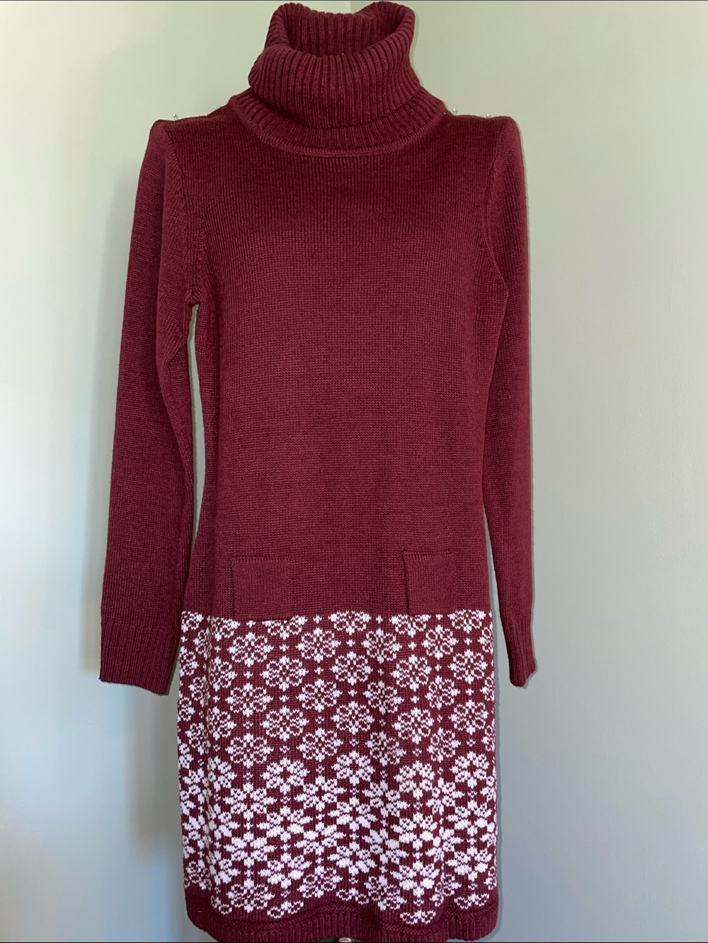 Venus Burgundy Fair Isle Turtleneck Sweater Dress Tunic Size Medium